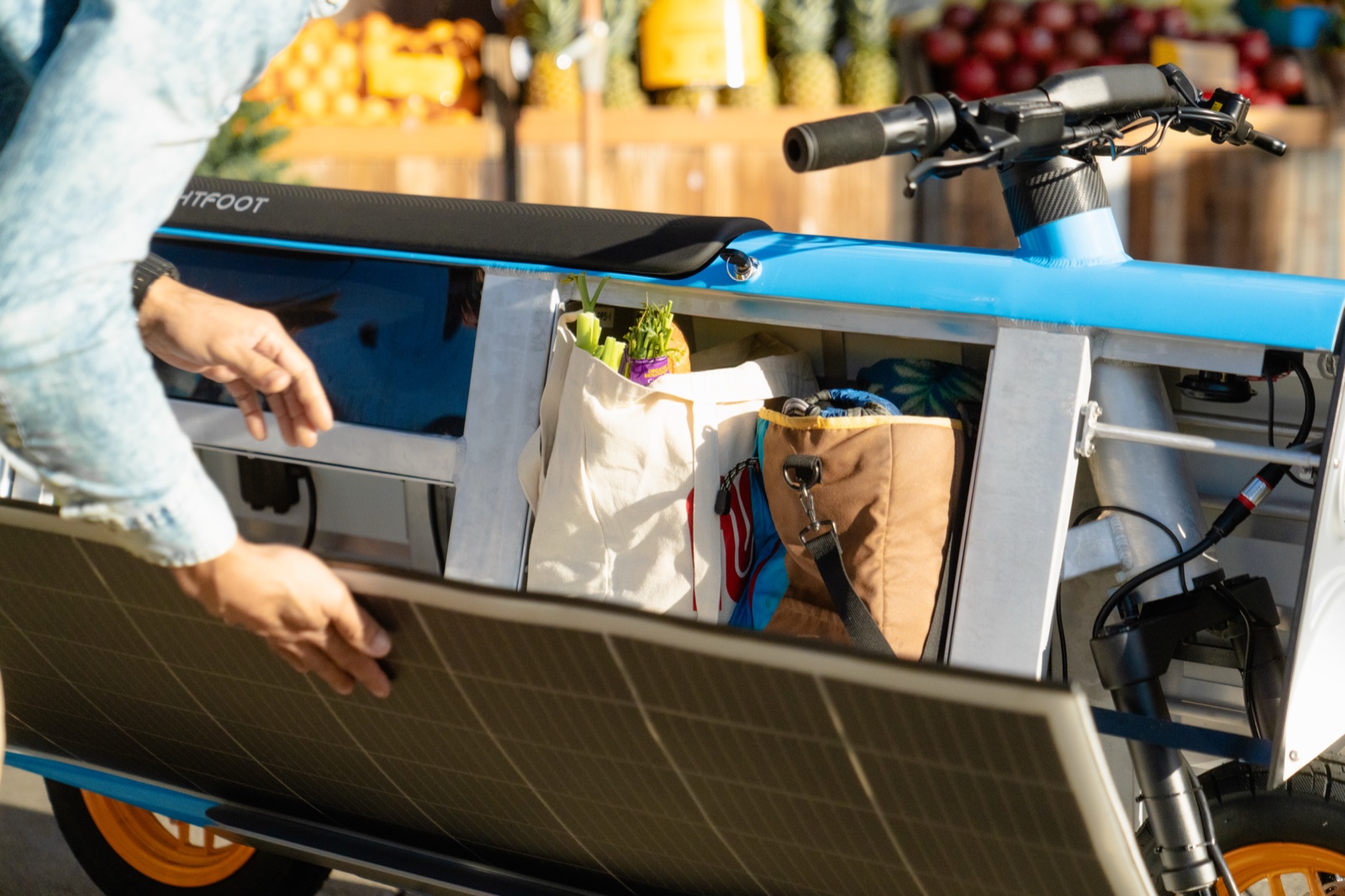 Solar panel lifted to reveal grocery bags stowed in the cargo bay